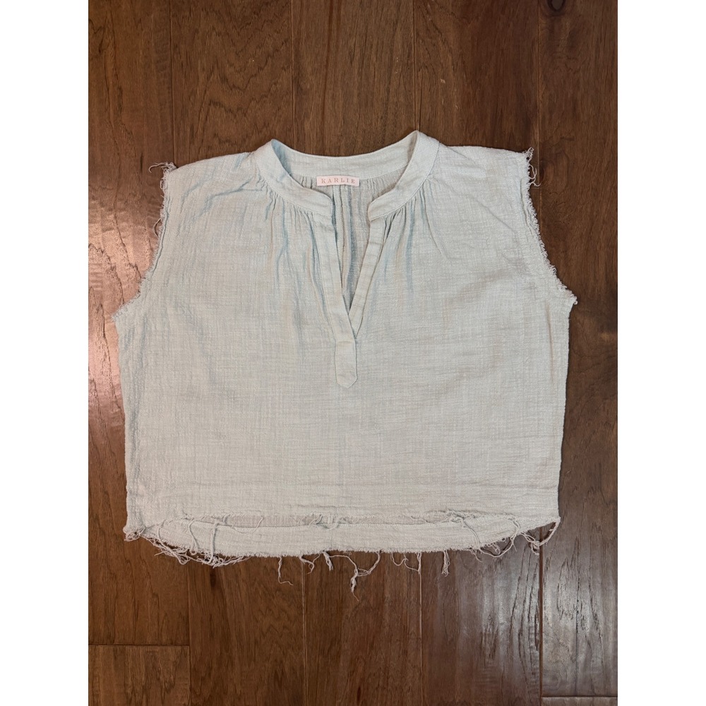 Karlie Women Large Light Blue Cotton Gauze Raw Edge Sleeveless Split Neck Top